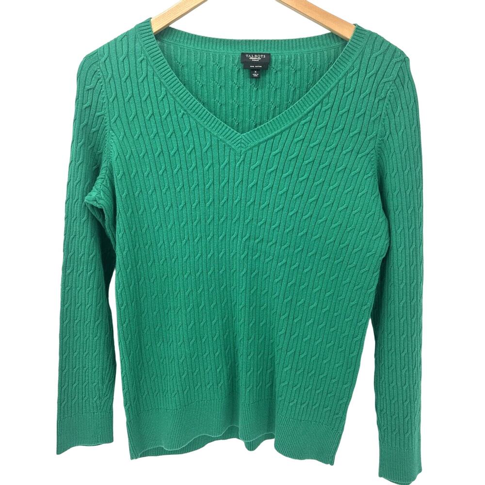 Talbots Sweater Womens X Green Cable Knit V-Neck Classic Pullover